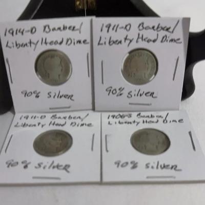 Barber/Liberty Head 90% Silver Dimes Four  1906-S, 1911-D (2), 1914-D  +SB  +