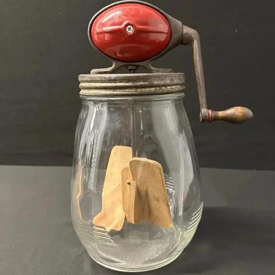 Vintage Dazey Butter Churn  # 4 Red Football Top Tulip Jar Wood Paddle 4 Quart