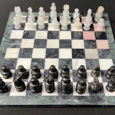 Vintage Hand Carved Mexico Marble & Onyx Chess Set   +