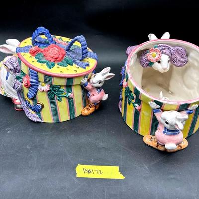BN172 2 Fitz and Floyd Cotton Tailors Hat Box Cookie Jars