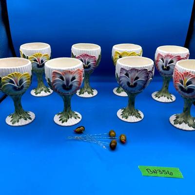 BN356 Fitz and Floyd Pansy Parade Flower Ceramic Wine Goblets