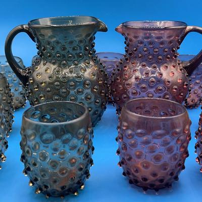 BN214 Hobnail Glass Pitchers (2) & Drinking Glasses (10)