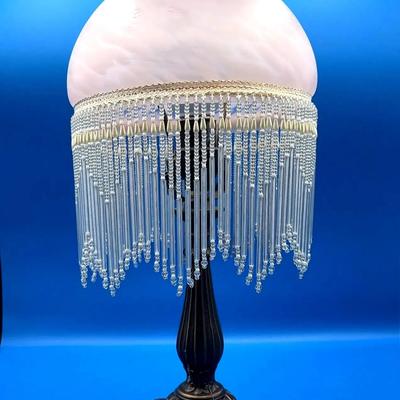 BN379 Victorian Style Boudoir Table Lamp Frosted Glass Dome with Beaded Fringe