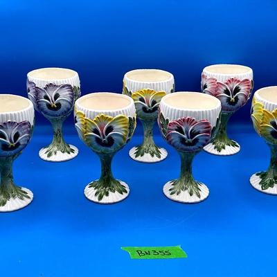 BN355 Fitz And Floyd Pansy Parade Flower Ceramic Wine Goblets