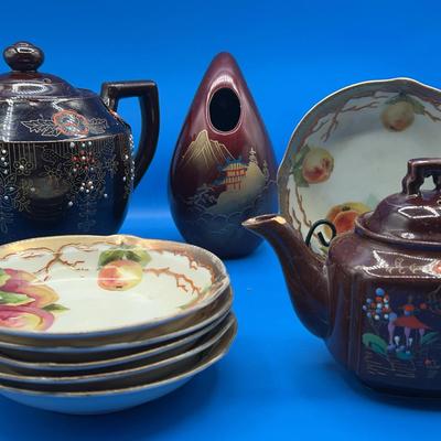 BN249 Vintage Brown Teapots + Bowls + Japanese Vase