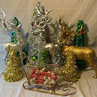 Tinsel Trees, Metal & Resin Reindeer, Metal Sleigh, & Glass Ornaments