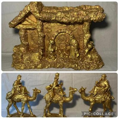 Gold Painted Wood & Resin Nativty & Three Kings