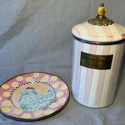 MacKenzie Childs Bathing Hut Enamel Canister & Chicken Plate