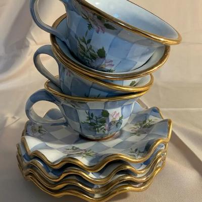 MacKenzie Childs Set Of 4 1990’s Morning Glory Mugs And Saucers 