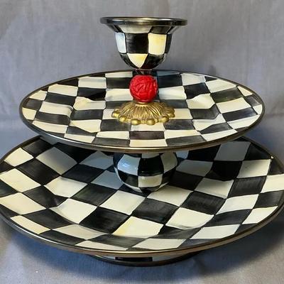 MacKenzie Child Courtly Check Enameled Two Tier Dessert Stand with Cup