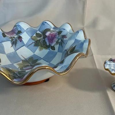 Mackenzie Childs Miniature Cake Plate Stand 1.5” And Breakfast Bowl 8.5” 
