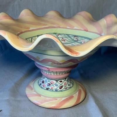 MacKenzie Childs Bearded Iris Fluted Pedestal Bowl 7"h x 12.5"dia