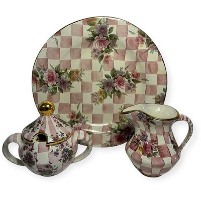 MacKenzie-Childs “Rose Petal” Enamled Ceramic Sugar & Creamer + Plate 