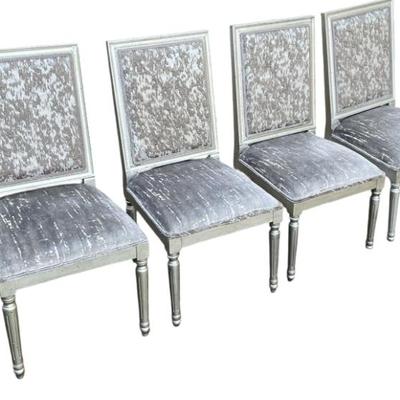 Sale Photo Thumbnail #113: 4 Louis/ French Provincial Style distressed silver dining chairs w. luxe upholstery