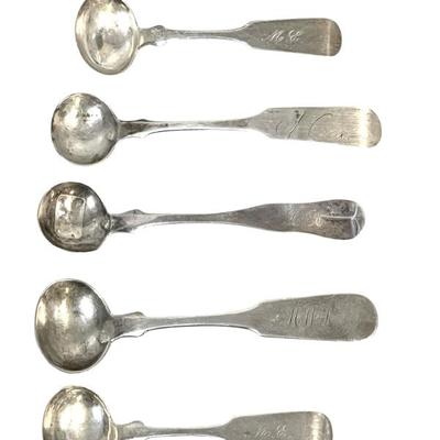 Sale Photo Thumbnail #50: 5 ANTIQUE AMERICAN COIN SILVER MASTER SALT & CONDIMENT SPOONS