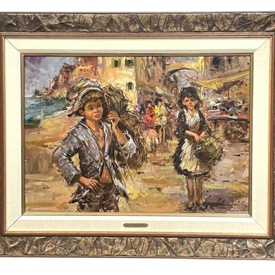 Sale Photo Thumbnail #27: NINO SALVADORI MID CENTURY OIL CHILDREN AT MARKET