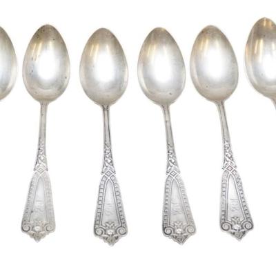 Sale Photo Thumbnail #23: 6 ANTIQUE STERLING SILVER WHITING 1865 IVY TEASPOONS