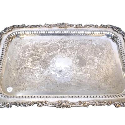 Sale Photo Thumbnail #4: ANTIQUE ORNATE ENGLISH SILVER PLATED BUTLERS TRAY