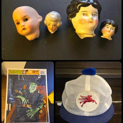 Old doll heads, 
vintage Frankenstein 
puzzle
Vintage Mobil gas hat