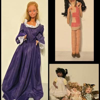 Vintage 18" Super Size Barbie, SEVERAL other dolls and a vintage clothing souvenir doll that needs some love.