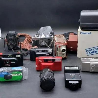 Assorted Camera & Accessories Lot- Vivitar, Kodak, Polaroid, Nikon, Pentax