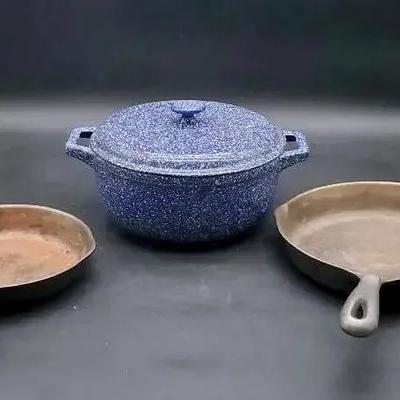 (2) Wagner Cast Iron Frying Pans, (1) LL Bean Cast Iron Cooking Pot