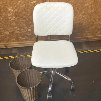 White Rolling Office Chair and (2) Wicker Baskets 