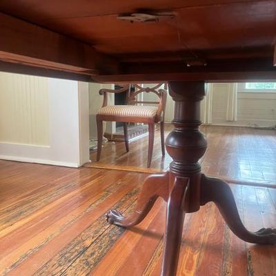 Sale Photo Thumbnail #3: $300 1940s Chippendale-Style Double Pedestal Dining Table; one 12" leaf; overall approx. 29" x 78" x 44"