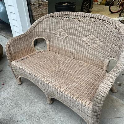Sale Photo Thumbnail #35: $225 Vintage rattan outdoor set- love seat, pair of chairs and ottoman; love seat approx. 52" L.