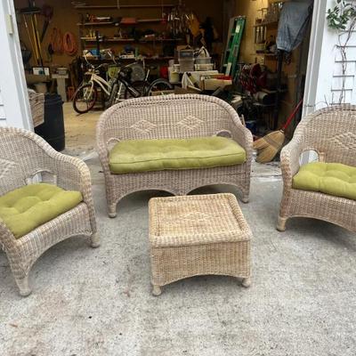 Sale Photo Thumbnail #34: $225 Vintage rattan outdoor set- love seat, pair of chairs and ottoman; love seat approx. 52" L.