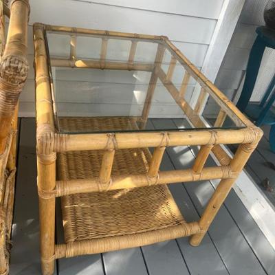 Sale Photo Thumbnail #13: $275 Mid-century rattan sofa, table & stool; sofa approx. 76", table 27" x 28" x 22"