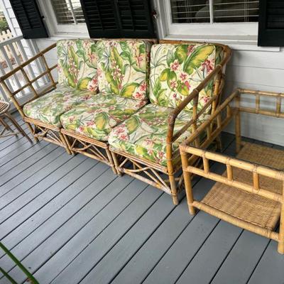 Sale Photo Thumbnail #10: $275 Mid-century rattan sofa, table & stool; sofa approx. 76", table 27" x 28" x 22"