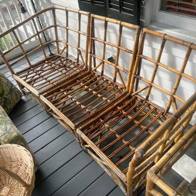Sale Photo Thumbnail #11: $275 Mid-century rattan sofa, table & stool; sofa approx. 76", table 27" x 28" x 22"