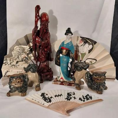 ST233 - Asian Decorative Group – Foo Dogs, Geisha Figure, Immortal Figure & Fans.
