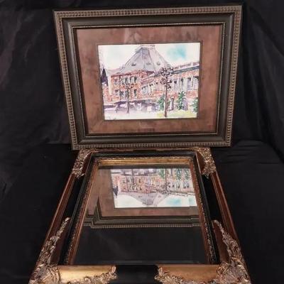 ST222 - Signed Water Color and Ink and Decorative Mirror