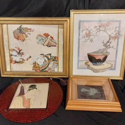 ST218 - Four Vintage Asian Art, Print, Textile, and 3D Plaque