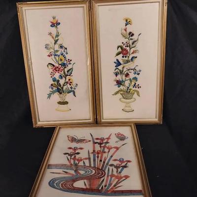 ST221 - Two Floral Embroidered Panels and Textile Litho