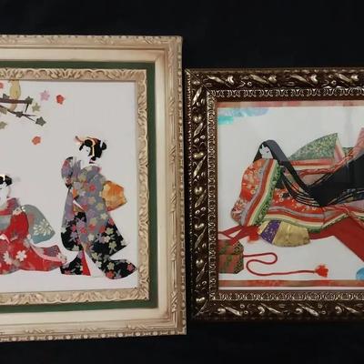 ST214 - Two Vintage Japanese 3D Textile and Paper Geisha Art