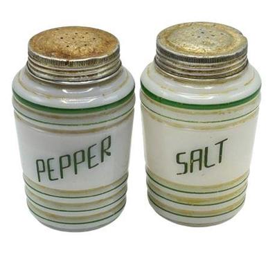 Lot 575   
Hazel Atlas, Milk Glass Salt & Pepper Shakers, Green Striped With Metal Tops