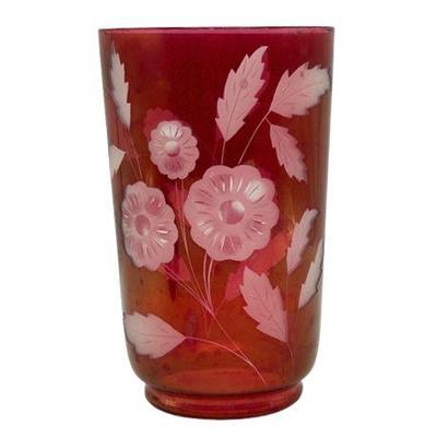 Lot 176  
Vintage Ruby Flash, Cut To Clear Floral Pattern Vase