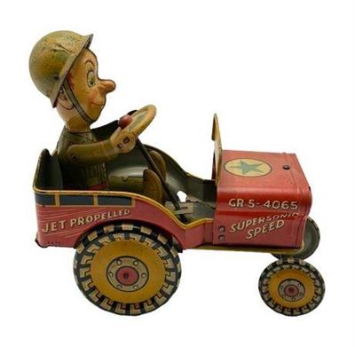 Lot 400-054   
Vintage GI Joe Jouncing Jeep, Wind Up Tin Toy, 1940s