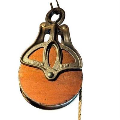 Lot 500-010   
Vintage Louden Wood And Cast Iron Barn Pulley