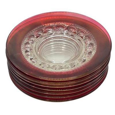 Lot 438  
King's Crown Ruby Flash Thumbprint Glass Luncheon Plates, Tiffin's, Set of Six