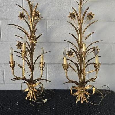 Vintage Italian Gilt Tole Electrified Three-Arm Wall Sconce - 36” Tall