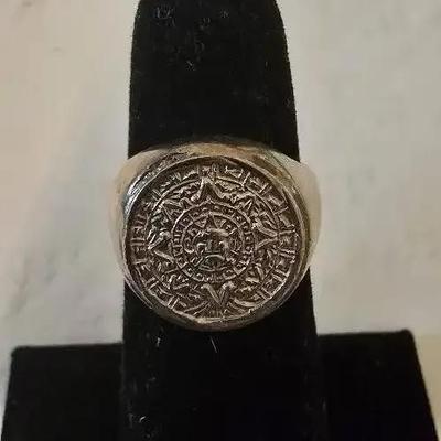 925 Sterling Silver Aztec Calendar Ring 
