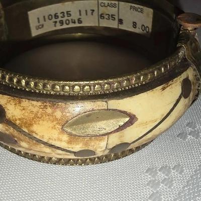 Vintage Brass And Bone Carved Bangle Bracelet With Pin Clasp 
