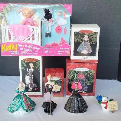 3 Hallmark Barbie Ornaments, Snowman & Kelly Sister Baby Set