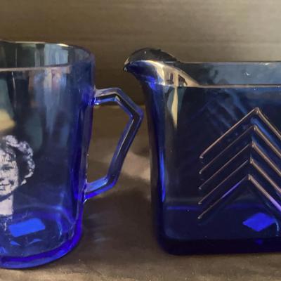 Hazel-Atlas Blue Glass Shirley Temple & Chevron Creamer