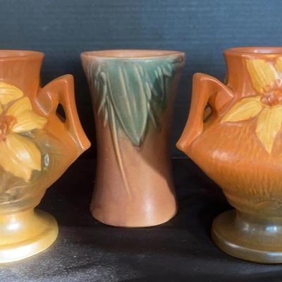 Pair Of Roseville 7”h “Clematis” Vases, 7”h McCoy Vase
