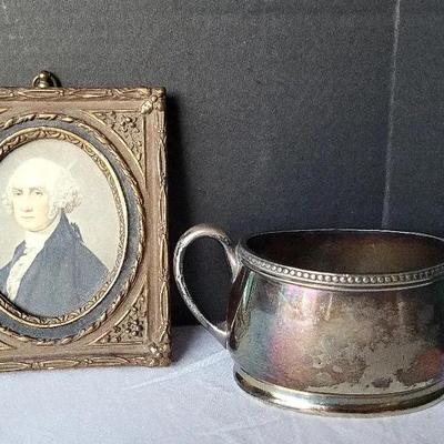 Framed Mini Portrait George Washington & Silver Soldered Reed & Barton Cup
